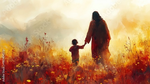 A serene silhouette of a parent and child walking hand in hand through a vibrant, autumn-colored landscape.