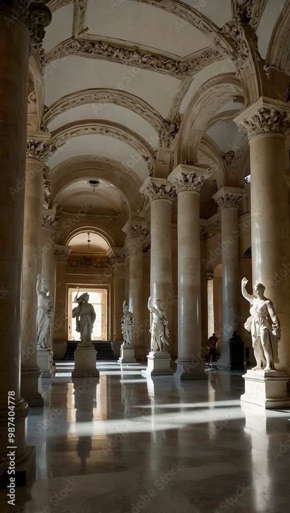 Museum hallway with marble statues and a high vaulted ceiling. Museum hallway with marble statues and a high vaulted ceiling.