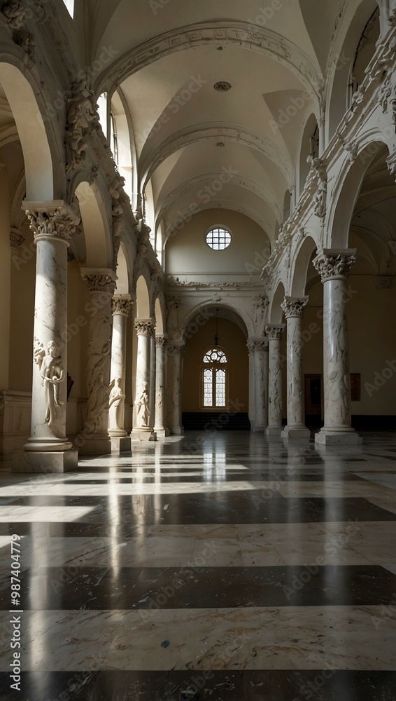 Museum hallway with marble statues and a high vaulted ceiling. Museum hallway with marble statues and a high vaulted ceiling.