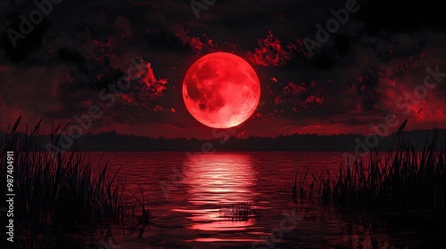 A dark red moonlight over the water, a crimson sky with black clouds, and dark grass on both sides of the river - a fantasy art style painting