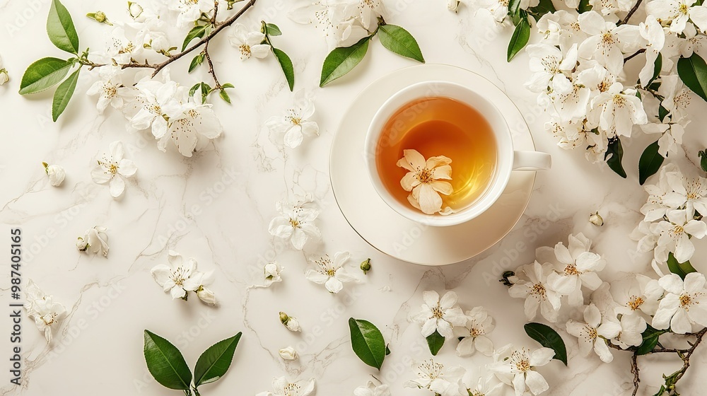 Flat lay of a teacup with blooming jasmine tea, surrounded by jasmine flowers and tea leaves on a light-colored marble background. Flat lay of a teacup with blooming jasmine tea, surrounded by jasmine flowers and tea leaves on a light-colored marble background.