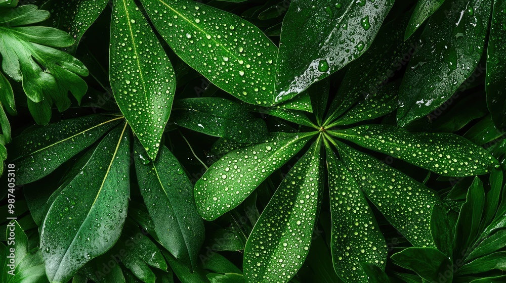 Fototapeta premium Flat lay of a tropical plant with water droplets scattered on the leaves, with the top half of the image open for text or logos.