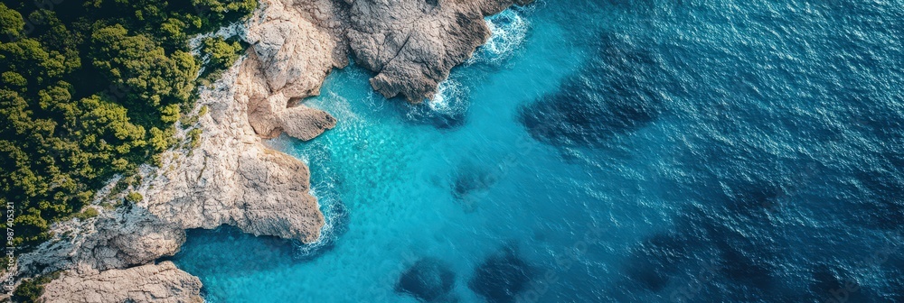 Aerial Minimalist View of Blue Sea with Rocky Coastline Aerial Minimalist View of Blue Sea with Rocky Coastline