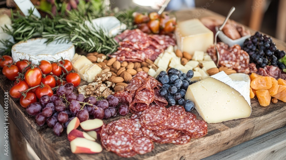 A rustic setting with a charcuterie board beautifully arranged with an assortment of cheeses, cured meats, nuts, and fruits, perfect for entertaining. A rustic setting with a charcuterie board beautifully arranged with an assortment of cheeses, cured meats, nuts, and fruits, perfect for entertaining.