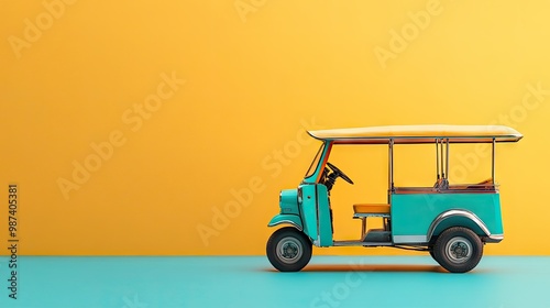 Flat lay of a tuk tuk with a bright, clean background, ideal for adding text or logos around it.