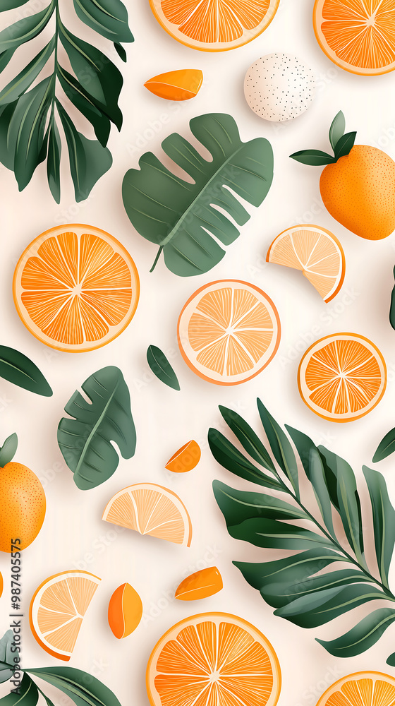 3D vector pattern featuring oranges and tropical leaves with an orange color palette flat design white background simple shapes cute style pastel colors seamless wallpaper 3D vector pattern featuring oranges and tropical leaves with an orange color palette flat design white background simple shapes cute style pastel colors seamless wallpaper
