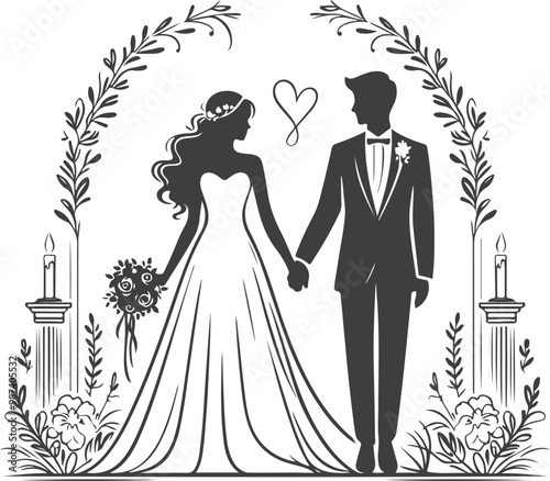wedding husband wife, romantic couple, and Kissing couple silhouette vector design