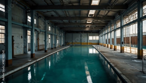 Narrow pool of clear blue water flanked by industrial buildings.