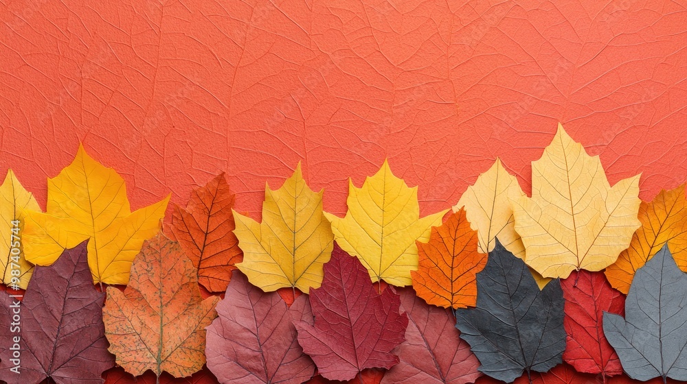 A vibrant collection of autumn leaves arranged on a warm, textured background, showcasing rich fall colors and natural beauty.