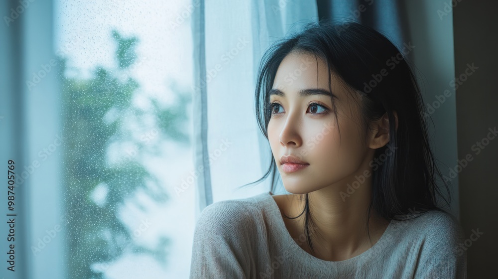 Pensive Asian woman sitting by a window, gazing outside as she contemplates life during a rainy day. Pensive Asian woman sitting by a window, gazing outside as she contemplates life during a rainy day.