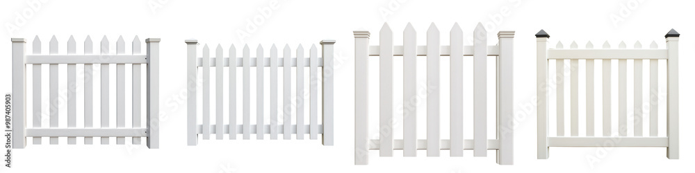 A series of white wooden fences displaying different styles and arrangements for outdoor decoration. on transparent cutout, PNG file. Mockup template A series of white wooden fences displaying different styles and arrangements for outdoor decoration. on transparent cutout, PNG file. Mockup template