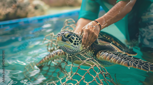 A compassionate individual rescuing a turtle trapped in a net