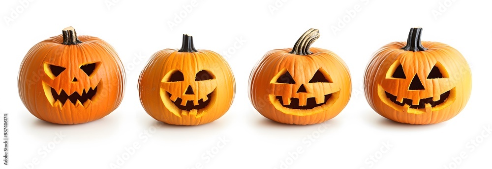 A set of four carved pumpkins with different expressions A set of four carved pumpkins with different expressions