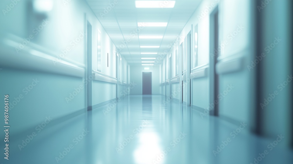 Fototapeta premium A sterile hospital hallway with closed doors, bright fluorescent lights, and reflective flooring, evoking a clinical, quiet atmosphere.