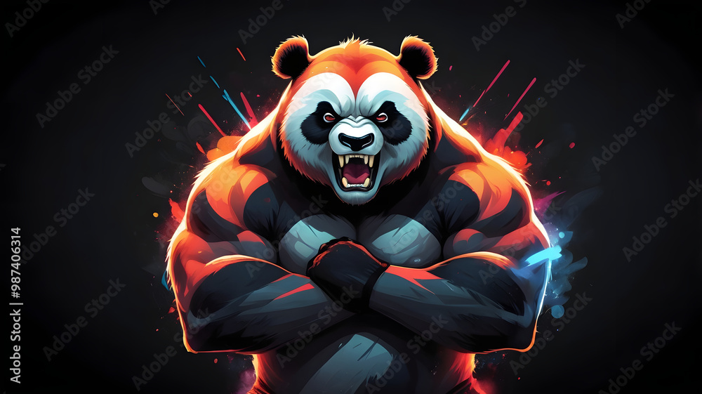 Muscular Angry Panda in a Crossed Arms Side Pose Against a Dark, Smoky Background with Vibrant Colors Muscular Angry Panda in a Crossed Arms Side Pose Against a Dark, Smoky Background with Vibrant Colors