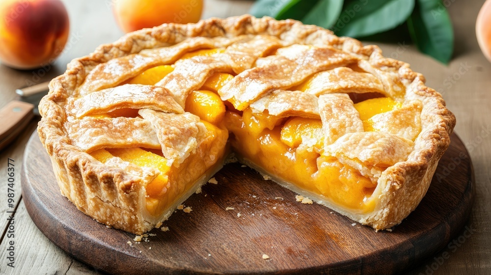 Freshly baked peach pie with a golden crust and juicy filling, arranged on a rustic cutting board with a slice removed. -05c5c40e3652 Freshly baked peach pie with a golden crust and juicy filling, arranged on a rustic cutting board with a slice removed. -05c5c40e3652