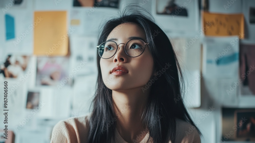Thoughtful Asian woman creating a vision board, focusing on her dreams and aspirations for the year ahead. Thoughtful Asian woman creating a vision board, focusing on her dreams and aspirations for the year ahead.