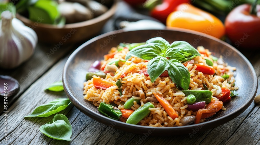 A rustic wooden table with a plate of Thai basil fried rice and a side of fresh vegetables, evoking a home-cooked meal's warmth and comfort. A rustic wooden table with a plate of Thai basil fried rice and a side of fresh vegetables, evoking a home-cooked meal's warmth and comfort.