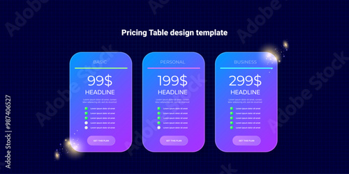 Price table concept vector design template. Pricing or subscription plan ui web elements. Website marketing and promotion landing page template. Product card UI vector illustration