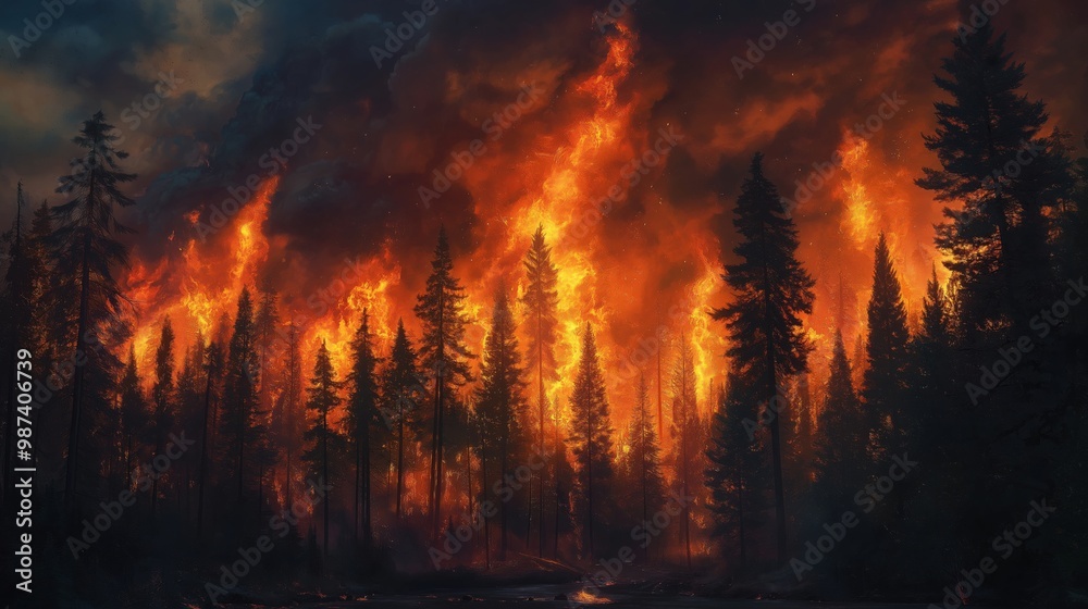 A powerful wildfire ravages a dense forest, with towering flames and thick smoke. A powerful wildfire ravages a dense forest, with towering flames and thick smoke.