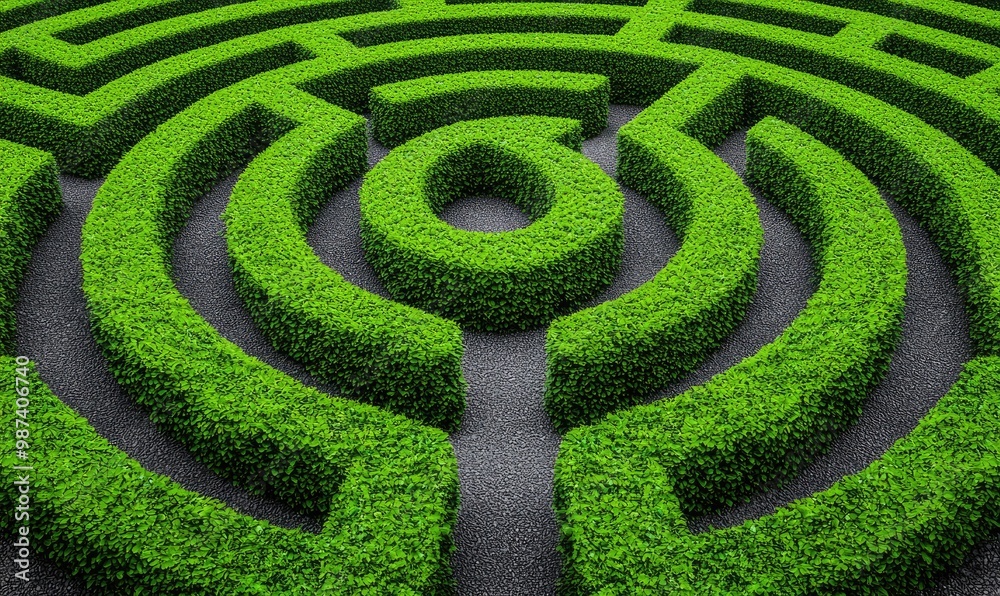 Aerial view of a lush, green maze created from neatly trimmed hedges, providing an intriguing geometric pattern. Aerial view of a lush, green maze created from neatly trimmed hedges, providing an intriguing geometric pattern.