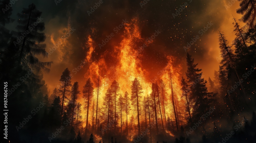 A powerful wildfire ravages a dense forest, with towering flames and thick smoke. A powerful wildfire ravages a dense forest, with towering flames and thick smoke.