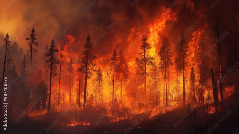 A powerful wildfire ravages a dense forest, with towering flames and thick smoke. A powerful wildfire ravages a dense forest, with towering flames and thick smoke.