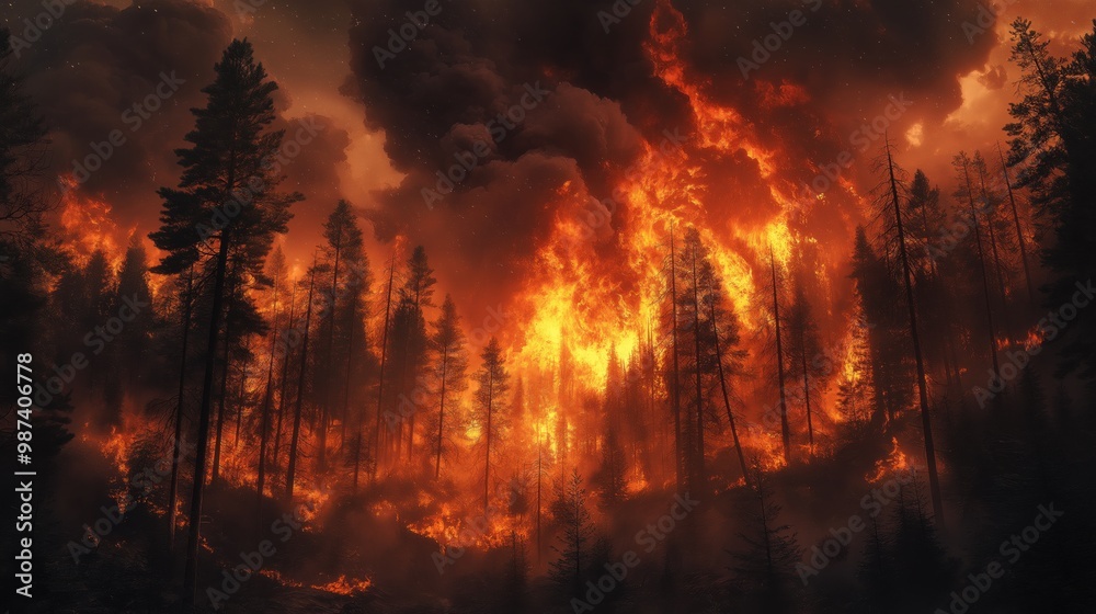 A powerful wildfire ravages a dense forest, with towering flames and thick smoke. A powerful wildfire ravages a dense forest, with towering flames and thick smoke.