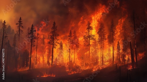 A powerful wildfire ravages a dense forest, with towering flames and thick smoke. photo