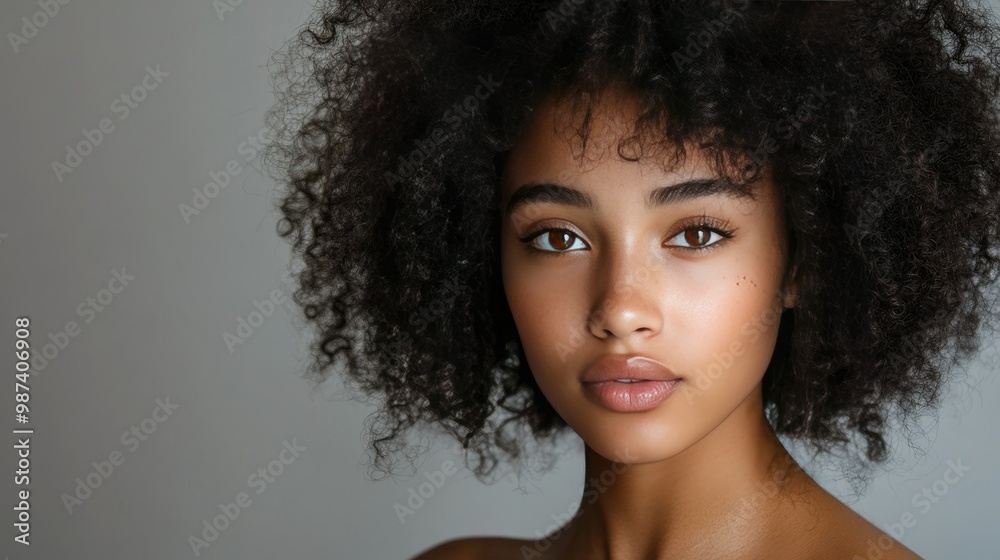 Front view of a woman with curly, natural hair, with clear space on both sides for copy placement. - Front view of a woman with curly, natural hair, with clear space on both sides for copy placement. -