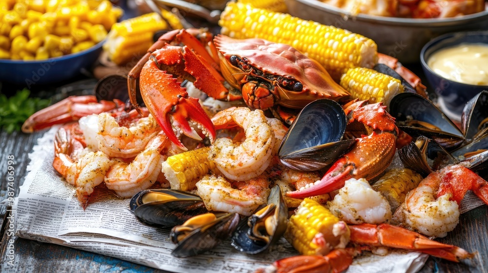 A seafood boil spread with crab, shrimp, mussels, and corn, served on a rustic table with newspapers and melted butter for a casual, fun dining experience. A seafood boil spread with crab, shrimp, mussels, and corn, served on a rustic table with newspapers and melted butter for a casual, fun dining experience.