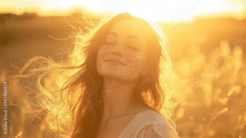 A joyful woman with her eyes closed, basking in the warm glow of the sunlight.