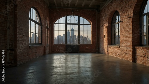 Large empty room with brick walls and arched windows overlooking the city.