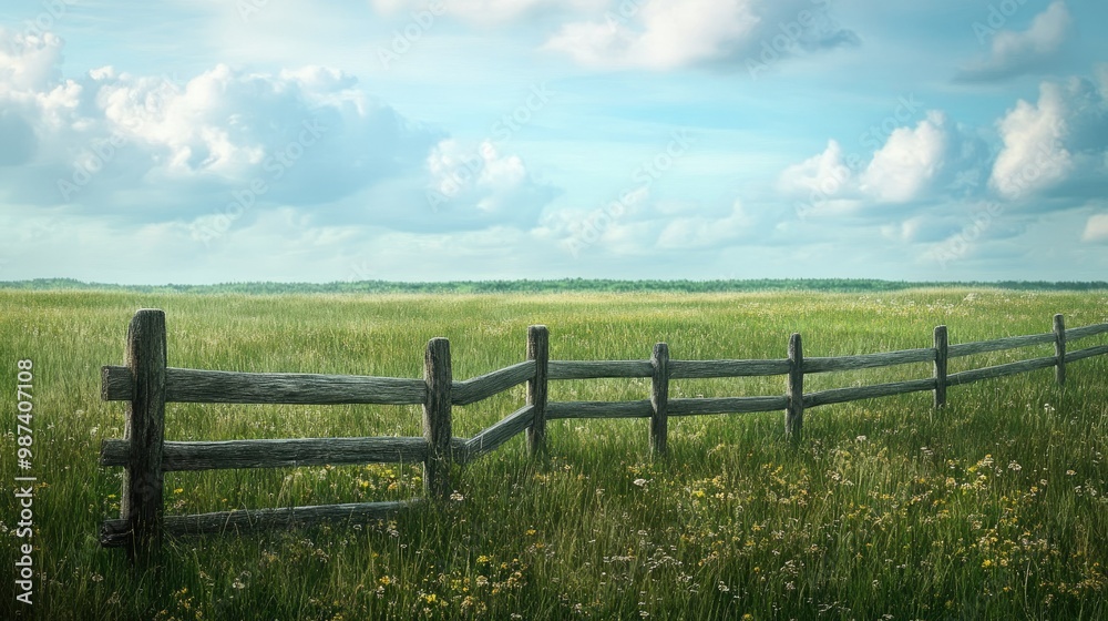 Grassy field with a rustic fence in the foreground, leaving a large portion of the sky free for copy. Grassy field with a rustic fence in the foreground, leaving a large portion of the sky free for copy.