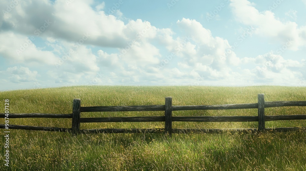 Grassy field with a rustic fence in the foreground, leaving a large portion of the sky free for copy. Grassy field with a rustic fence in the foreground, leaving a large portion of the sky free for copy.
