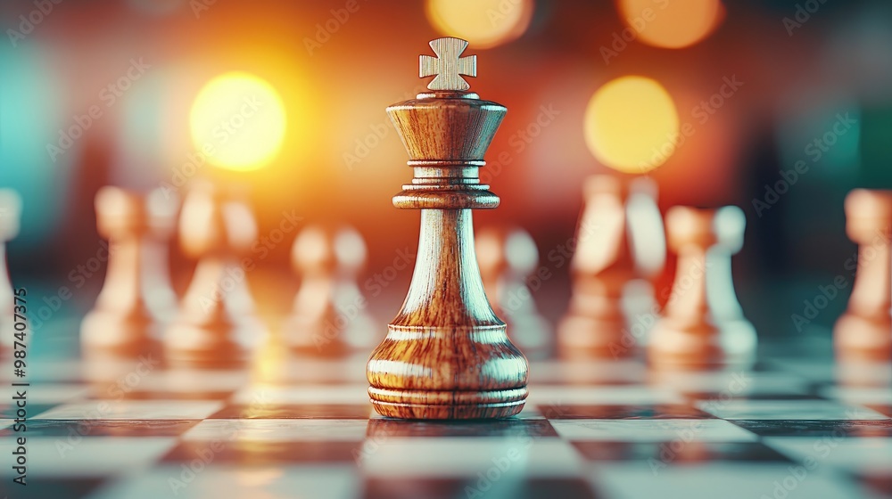 Close-up of a wooden chess king on a game board with a blurred background, creating an intense atmosphere for strategy and competition. Close-up of a wooden chess king on a game board with a blurred background, creating an intense atmosphere for strategy and competition.