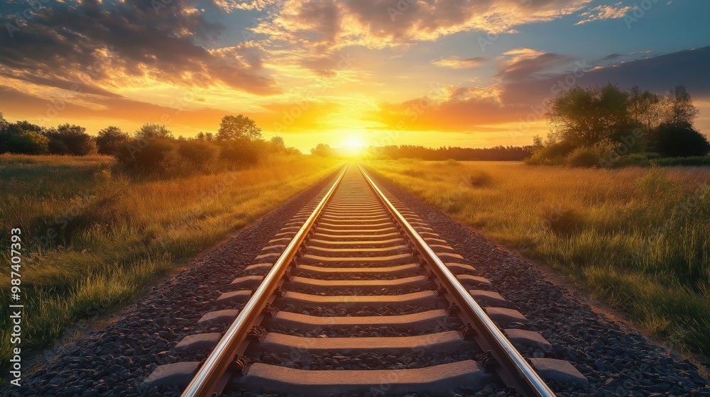 Obraz premium A stunning sunset illuminates railroad tracks leading into the distance, surrounded by golden grass fields.