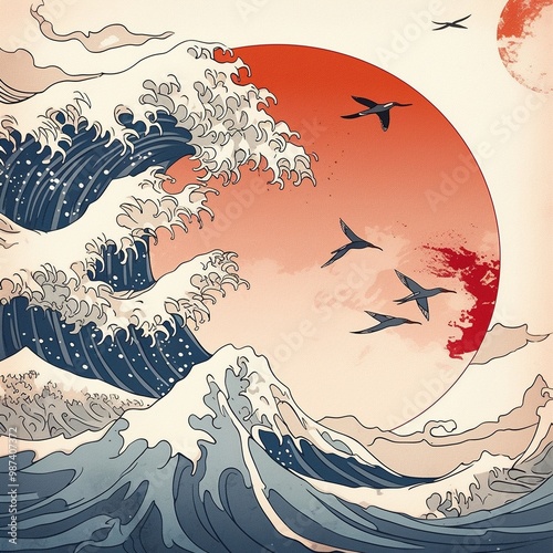 Japanese Wave Art with Red Sun and Birds