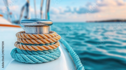 Close-up of ropes coiled on a boat, with tranquil water and a beautiful sky in the background, perfect for nautical themes. photo