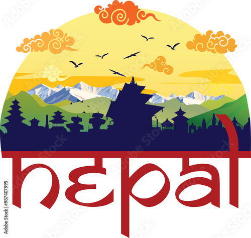 Nepal skyline and landmarks silhouette design vector illustration