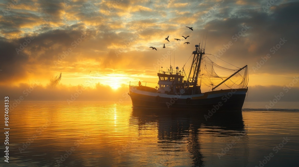 A serene shot of a fishing trawler at dawn, casting nets into the water, highlighting the connection between humans and the ocean's bounty. A serene shot of a fishing trawler at dawn, casting nets into the water, highlighting the connection between humans and the ocean's bounty.