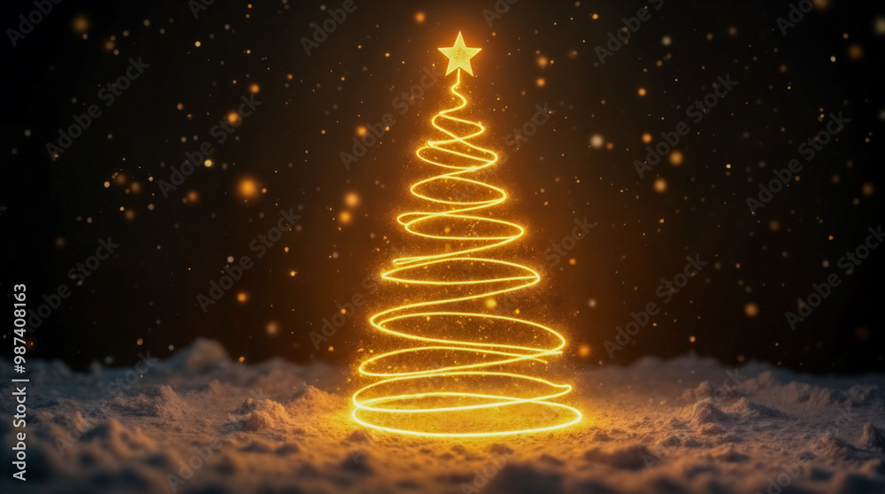 Un magico albero di Natale delineato da luci brillanti nella neve. Un magico albero di Natale delineato da luci brillanti nella neve.