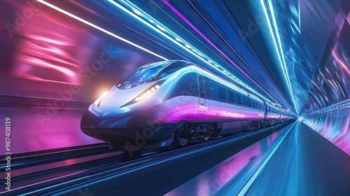 High-speed train moving through a futuristic tunnel with a large area of clean background for text.