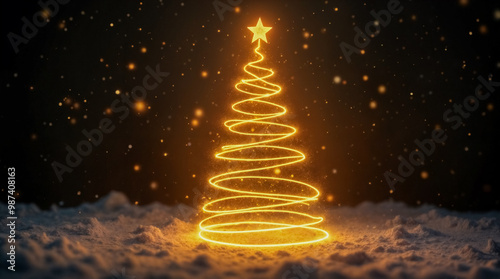 Un magico albero di Natale delineato da luci brillanti nella neve.