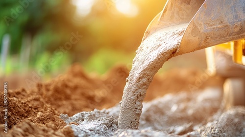 Wallpaper Mural Concrete pouring from a chute at a construction site during sunset, highlighting the texture and flow of the material. Torontodigital.ca