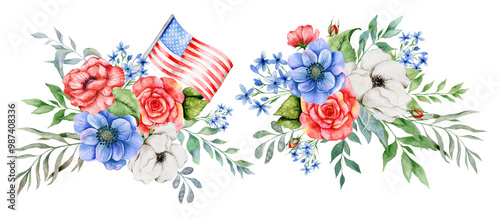4th of July Patriotic Concept. Patriotic Design. Red Blue and White Flower Bouquet Watercolor Illustration. Independence Day design element. Hand Painted Watercolor Botanical Illustration.