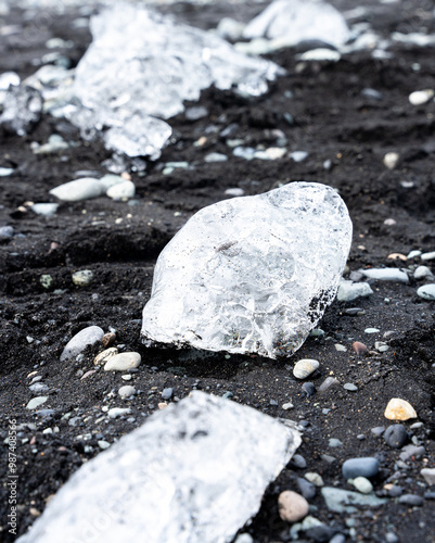 Ice of Jökulsárlón Glacier Ice on black Sand, Diamond Beach, Iceland