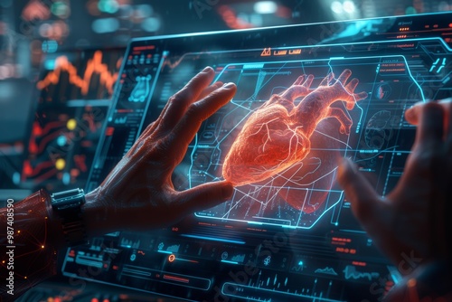 Futuristic scene depicting cardiac surgery using advanced technology and holographic interfaces to perform heart surgery, highlighting potential for precision and efficiency in medical procedures photo