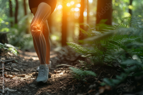 Hiker knee joints are highlighted while trekking through forest, emphasizing health and joint care during outdoor activities, encouraging mindful movement and exercise