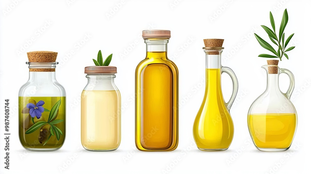 A collection of various oils in stylish glass bottles with wooden caps, showcasing vibrant colors and natural ingredients.
